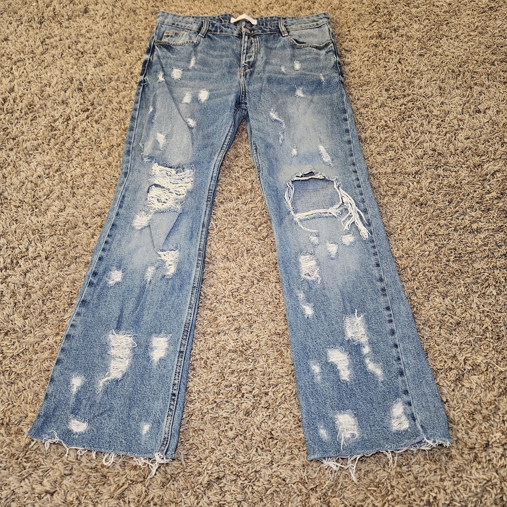 Zara Trafaluc Denimwear Blue Denim Super Distressed Relaxed Womens Jeans Size 03